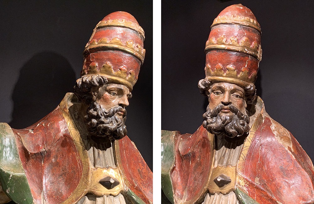 Sculpture XVII°, 195cm, du Papes Saint SIXTE II°, en bois polychrome, yeux en verre -photo-2