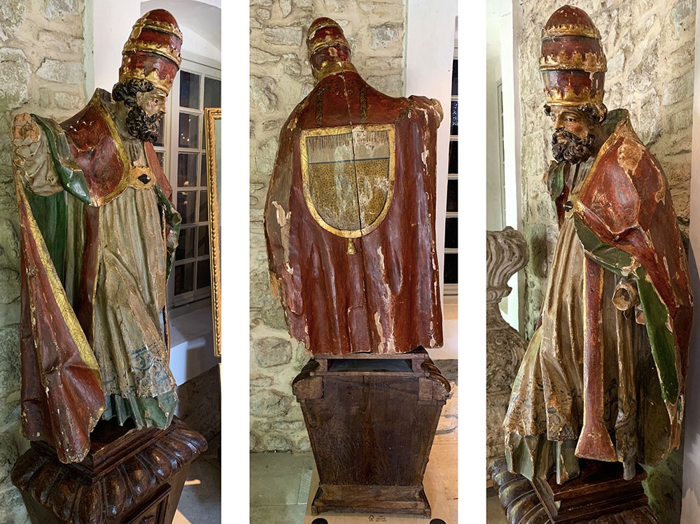 Sculpture XVII°, 195cm, du Papes Saint SIXTE II°, en bois polychrome, yeux en verre -photo-4