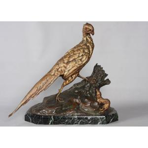 Bronze XIX°, 53 Cm, By Jules Moigniez 1835/1894, Pheasant And Shrew