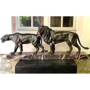 Large Bronze, 100 Cm, Louis Riché 1877/1949, Art-deco, Lion-lioness Couple