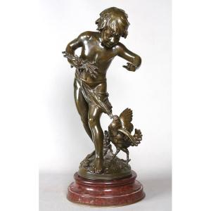 Bronze XIX ème, 58 cm, Auguste Moreau 1834/1917, enfant jouant avec un coq