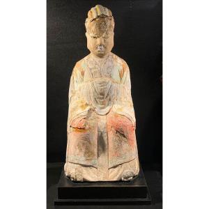 Bouddha en bois polychrome, 57 cm, époque : Dynastie Qing