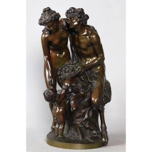 Bronze 19th Century 48 Cm, Bacchus With A Nymph, Signed: Clodion