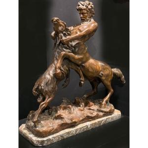 Large 19th Century Bronze, 65 Cm, By James Hunt 1880/?, Centaur Fighting With A Goat