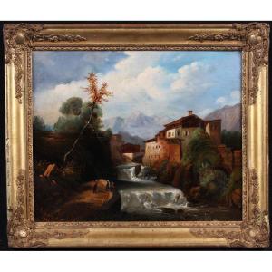 19th Century Painting, Signed: Louis Chignan, 1847, Animated Landscape, Mountain, River
