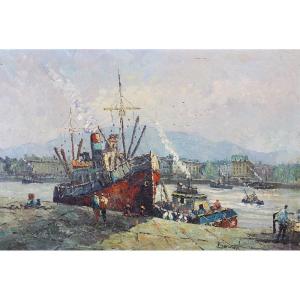 Marine, 90 cm, port, bateaux de pêche. Grande peinture vers 1940 / 50, Signé 