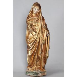 Large Virgin From The 18th Century, 90 Cm, Sculpture In Gilded Wood With Gold Leaves