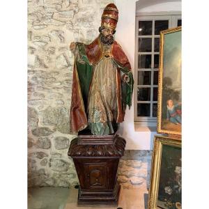 Sculpture XVII°, 195cm, Of Popes Saint Sixtus Ii°, In Polychrome Wood, Glass Eyes 
