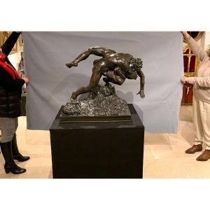 Large 19th Century Bronze, 80 Cm, Jef Lambeaux, G. Courbet Museum, The Wrestlers 