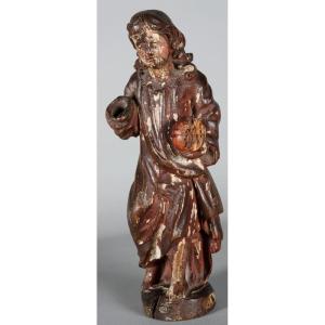 Sculpture, 29 cm, du XVII ème, en bois polychrome, Jésus tenant L’Orbe
