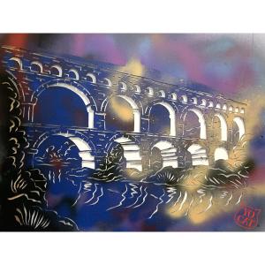 Le Pont du Gard, acrylique signé : Yocat, Ecole Française, Nîmes
