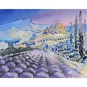 La Provence, acrylique signé : Yocat, les lavandes, Ecole Française