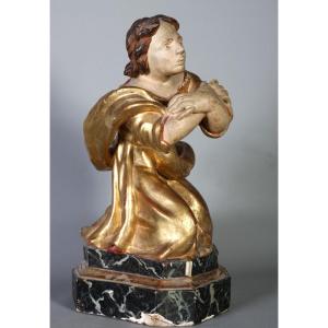 Large 18th Century Gilded Wooden Sculpture, Saint In Prayer