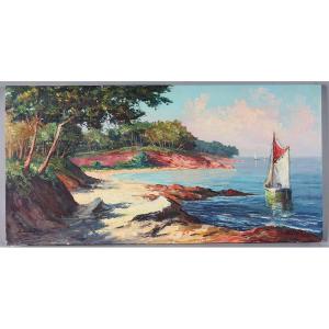 Marine, Côte Azur, 100 Cm, Signed: Louis Audrey, Circa 1960, French School