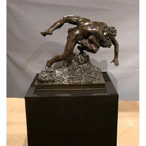 Grand Bronze XIX ème, 80cm, Jef LAMBEAUX, Musée G. COURBET, Les lutteurs 