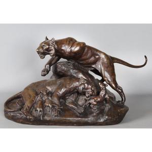 Bronze 19th Century, Clovis Edmond Masson 1838/1913, Tigers In Family   