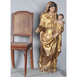 Large 17th Century Virgin And Child, 107 Cm, Gilded Wood Sculpture With Gold Leaf And Polychrome