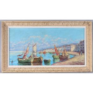 La Côte d’Azur, 115 cm, signé : Pierre LEMOINE, vers 1950/60, l’Esterel, Sud France, marine.