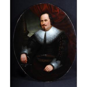 Grand portrait XIX ème, 108cm, noble à la collerette dite à confusion, Ecole Europe du Nord