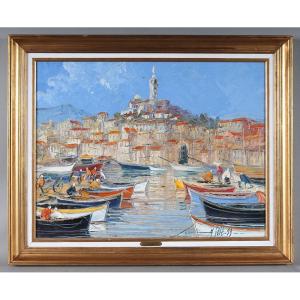 Marseille, Signed Michel Solé 1945/2012, 63x78 Cm, Port Of Marseille, Notre-dame De La Garde (the "bonne Mère"), The Old Port