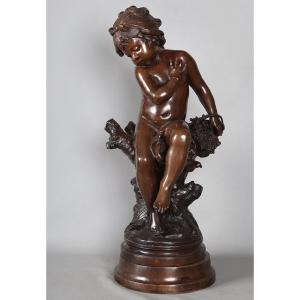 19th Century Bronze, Auguste Moreau, 75 Cm, Little Girl With A Cricket