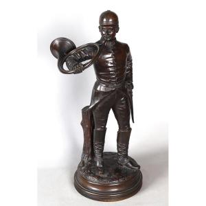 Bronze XIX ème, 60cm, Chasse à Courre, signé : J. VERSTAPPEN, École Belge, trompe de chasse