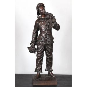 Bronze XIX°, 46 cm, signé : Charles ANFRIE 1833/1905, Pierrot troubadour