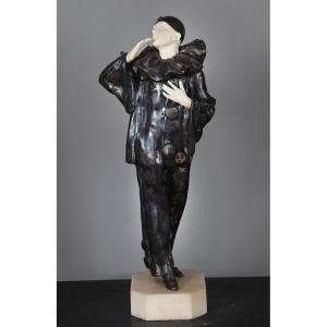 Claude MIRVAL 1889/1973, Chryséléphantine, 55 cm, Art Déco, Pierrot 