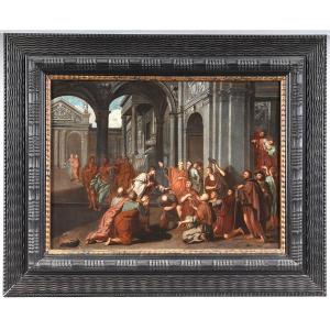 Ecole Italienne du XVII ème siècle, 70 cm, Jésus bénissant ses fidèles au Temple 
