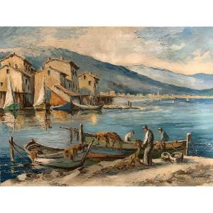 Martigues, signé Joseph GUENARD, vers 1950/60, Paysage Provençale, Méditerranée.