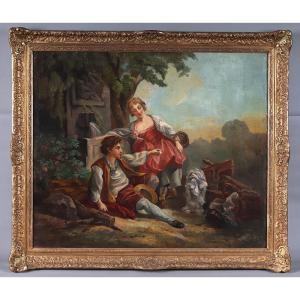 Large 18th Century Painting, 116 Cm, Romantic Country Scene With Little Dog, French School