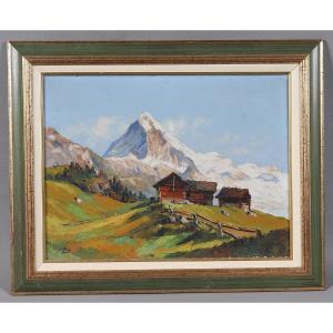 Mountain, 77x62 Cm, Signed Gino Moro, La Dent Blanche In Switzerland, Mid 20th Century