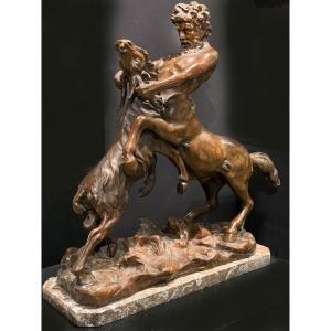 Large 19th Century Bronze, 65 Cm, By James Hunt 1880 / ?, Centaur Wrestling With A Goat