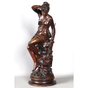 Bronze XIX ème, 66 Cm, Lucienne Signoret Ledieu, Diane Chasseresse à La Source