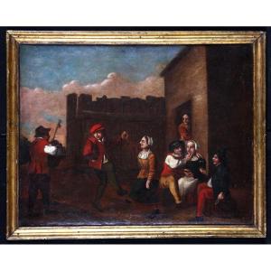 Ecole Flamande du XVII°, atelier de David TENIERS II, 79 cm, Réjouissance villageoises