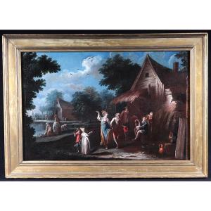 Paysage XVIII ème, 97 cm, scène campagnarde, Ecole Française, animé de personnages