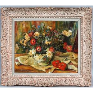 Signé : P. MAURIN daté 1951, Ecole Française, bouquet de fleurs