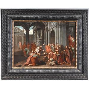 Ecole Italienne du XVII ème siècle, 70 cm, Jésus bénissant ses fidèles au Temple 