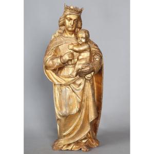 18th-century Crowned Virgin, 56 Cm, Gilded Wood Sculpture With Gold Leaf