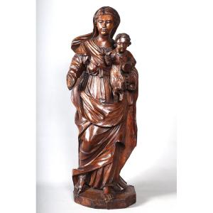 Epoque XVIII°, 90 cm, Vierge à l’enfant, Grande sculpture en bois