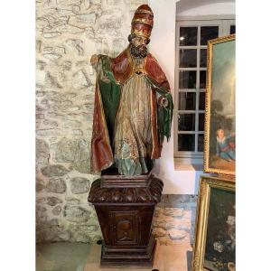 17th-century Sculpture, 195 Cm, Of Pope Saint Sixtus Ii, Made Of Polychrome Wood, With Glass Eyes 