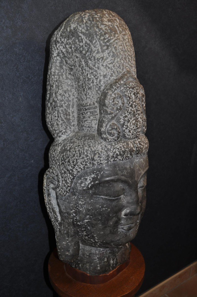 Sculpture - Asia - Stone Buddha Head On Base - 20th Century-photo-3