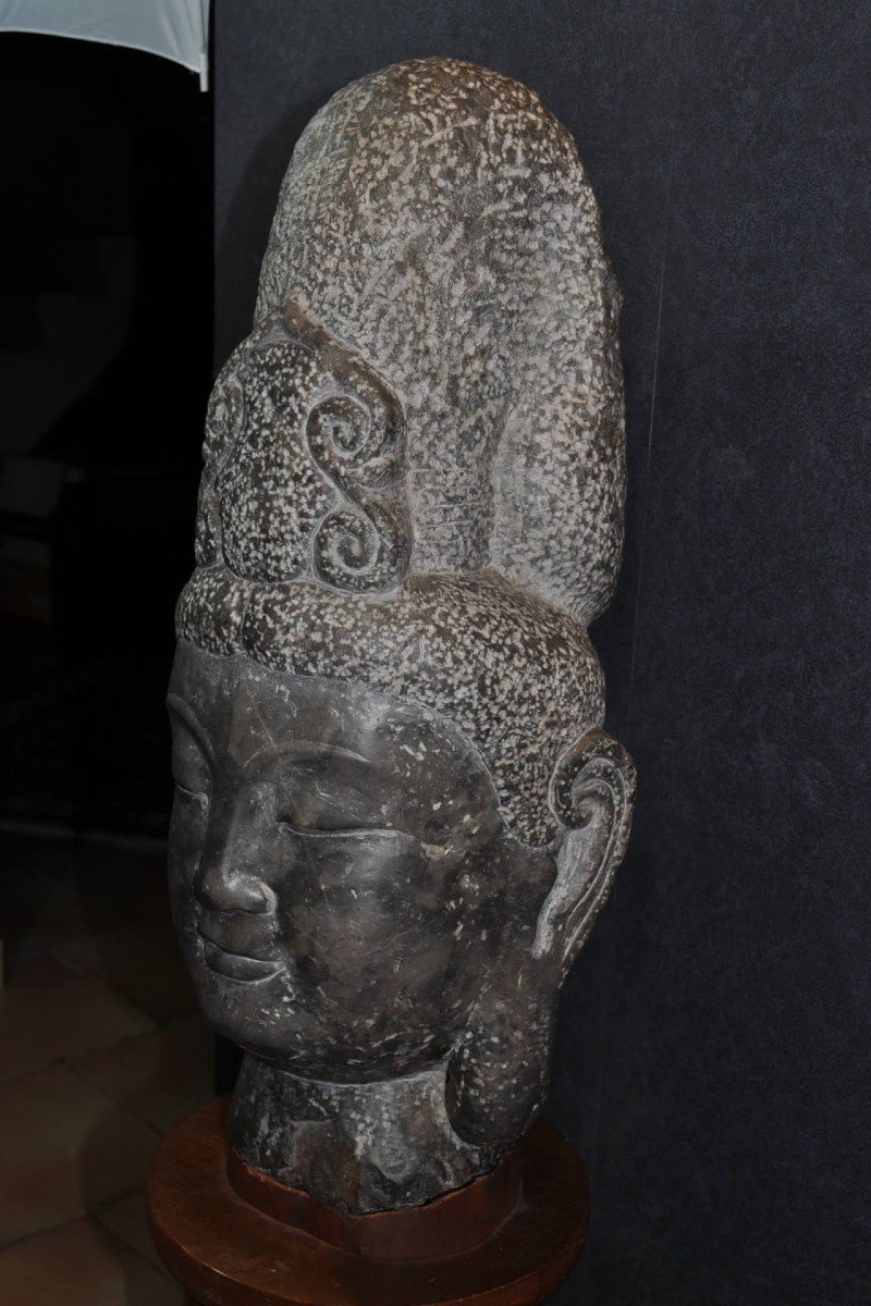 Sculpture - Asia - Stone Buddha Head On Base - 20th Century-photo-1