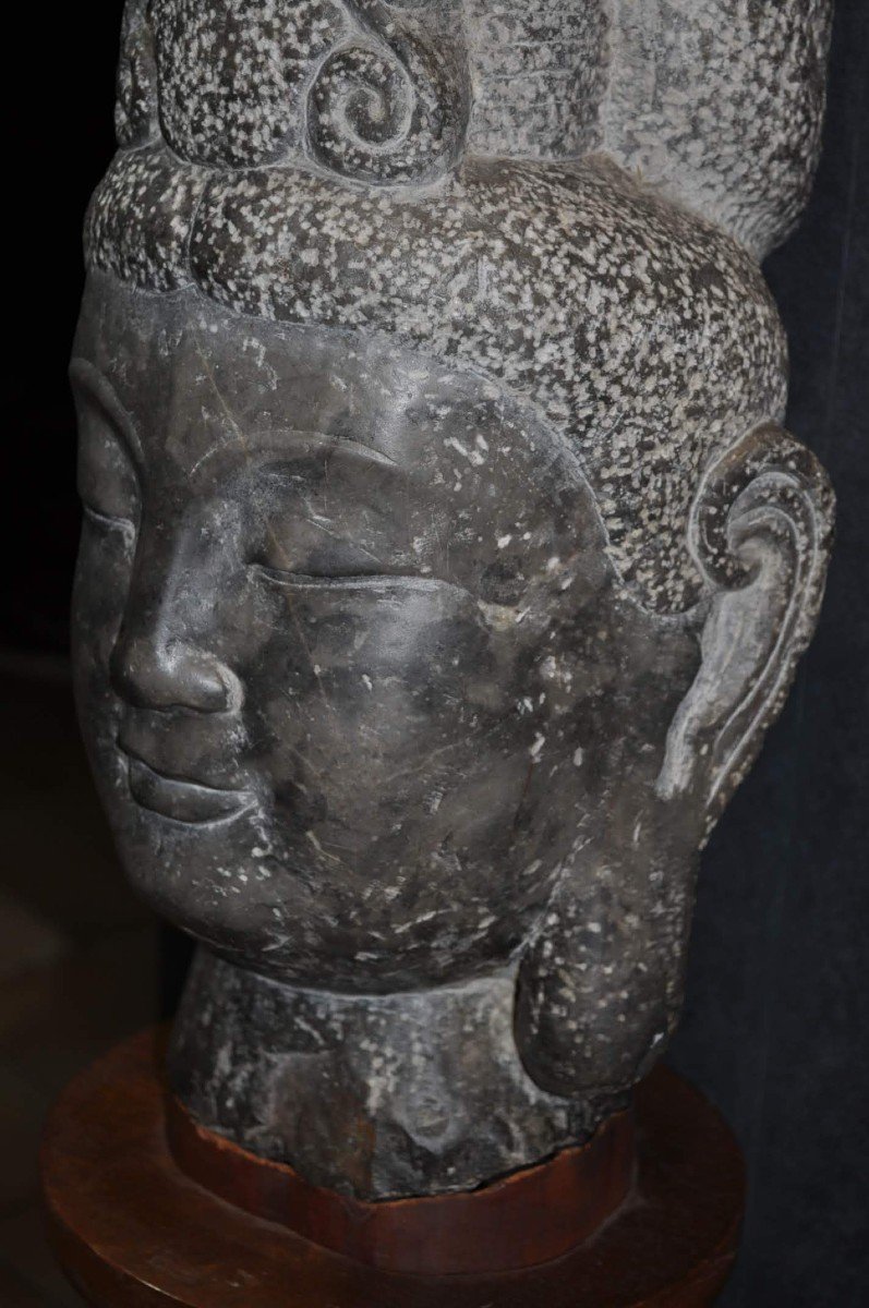 Sculpture - Asia - Stone Buddha Head On Base - 20th Century-photo-4