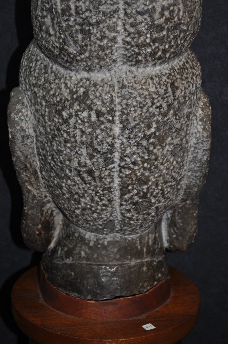 Sculpture - Asia - Stone Buddha Head On Base - 20th Century-photo-7
