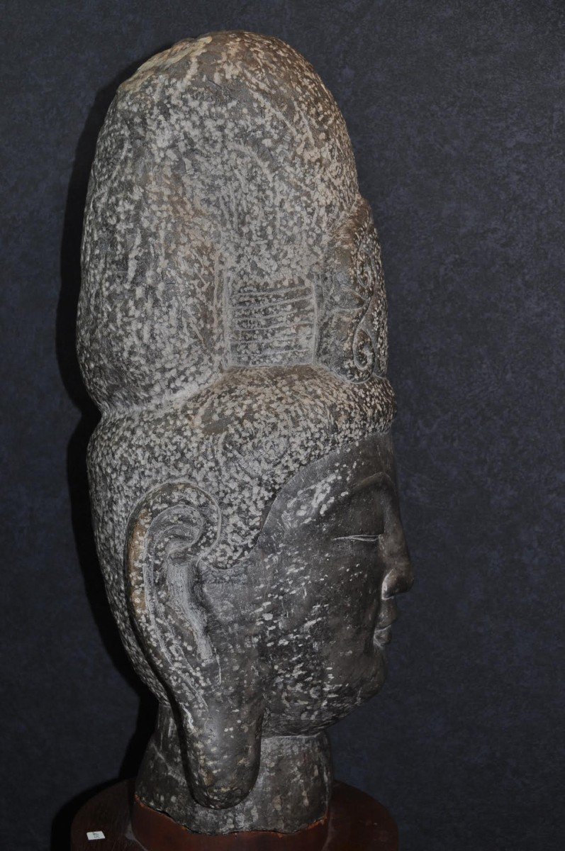 Sculpture - Asia - Stone Buddha Head On Base - 20th Century-photo-8