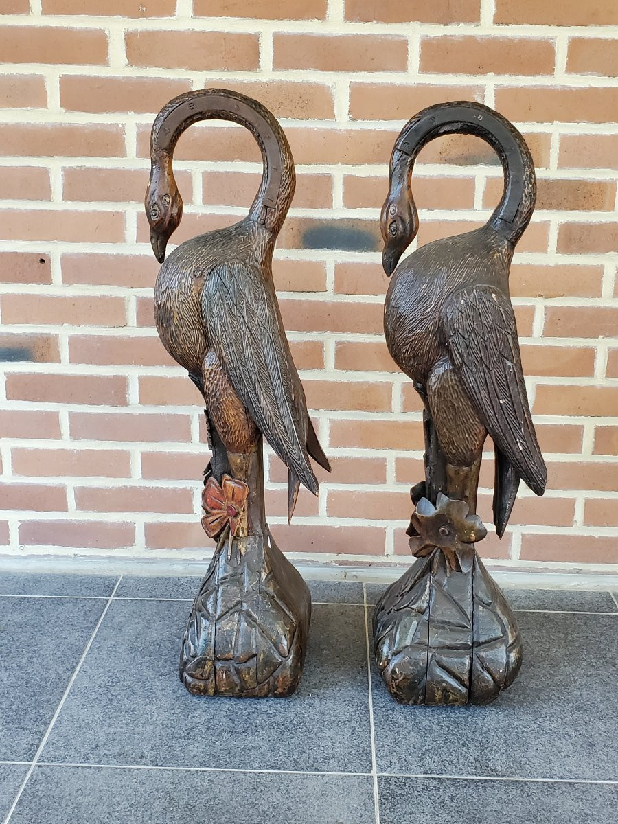 Sculpture - Paire De Flamant Rose - Bois Polychrome - Fin XIXème-photo-3