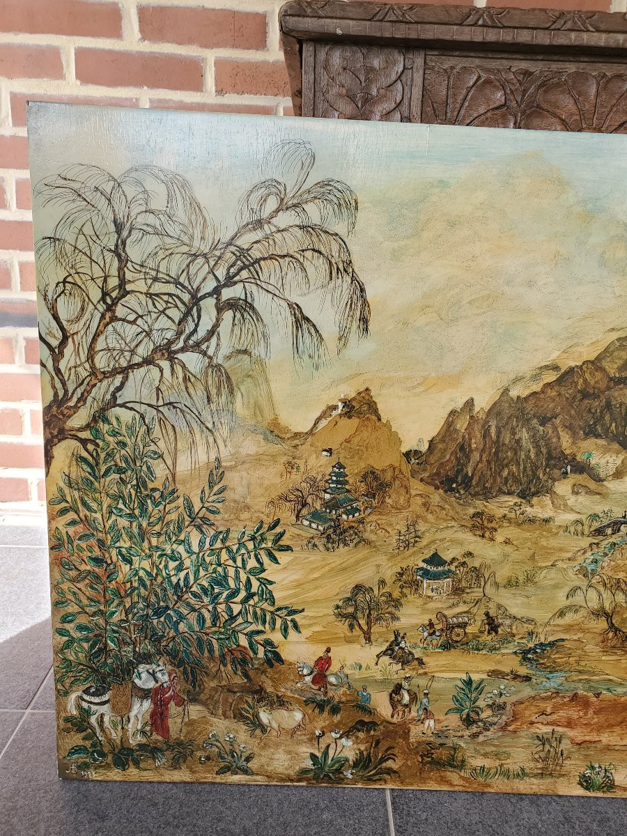 Oil On Panel - Oriental Painting With Horsemen-photo-2
