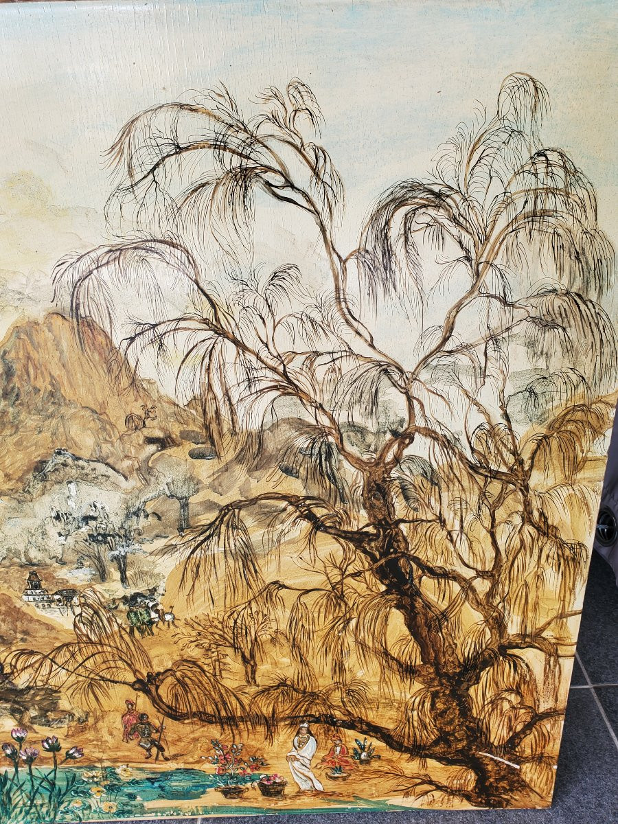 Oil On Panel - Oriental Painting With Horsemen-photo-4