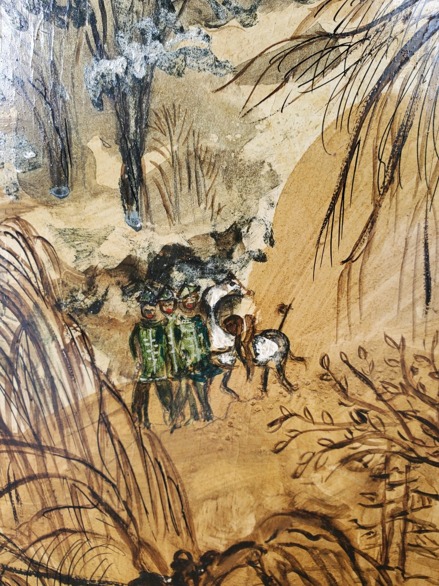 Oil On Panel - Oriental Painting With Horsemen-photo-1
